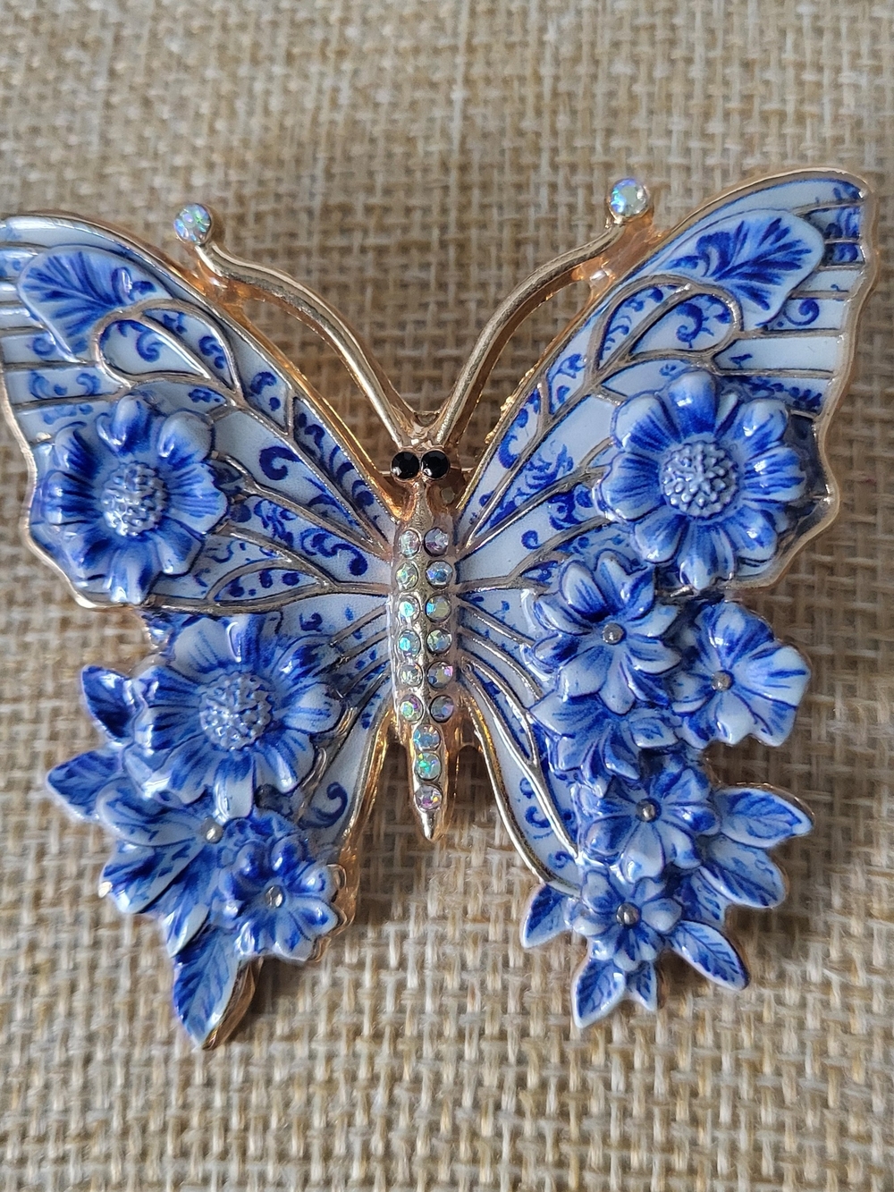 Beautiful Blue Floral Butterfly Brooch with Rhinestones
